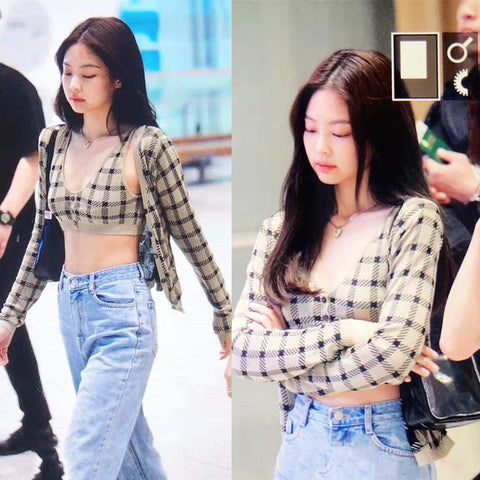 kpop Blackpink JENNIE same 2020 new casual Knitting lattice hoodies women Korean streetwear sexy loose sweatshirt female clothes