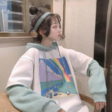 Hoodies Women Printed Patchwork Hoody Simple Thicker All-match Loose Simple Korean Style BF Drawstring Womens Streetwear Hoodie