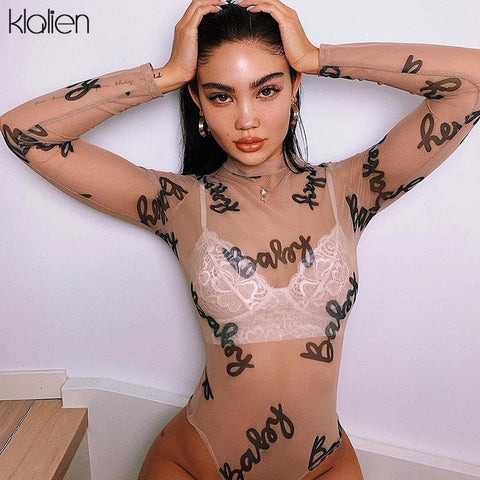 KLALIEN 2020 Summer Sexy Letter Print Transparent Mesh Bodysuits Long Sleeve See Through Baby Bodycon Rompers Women Jumpsuits