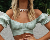 Jessie Vinson Short Sleeve Off Shoulder Crop Top Blouse Women Summer Short Sleeve Short Sexy Blouses Women Tops and Blouses 2020