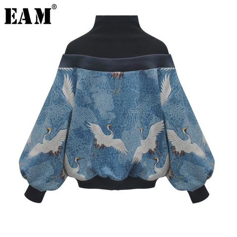 [EAM] 2020 New Spring High Collar Long Sleeve Pattern Printed Loose Big Size Personality Sweatshirt Women Fashion Tide JL948