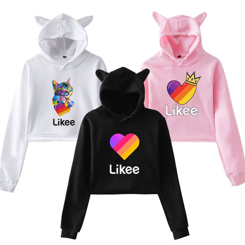 Cat Ear Pink Russia Style Likee App LIKEE Hoodies Women Cat Crop Top Hoodie Female Rainbow Sweatshirt Trendy Streetwear Hip Hop
