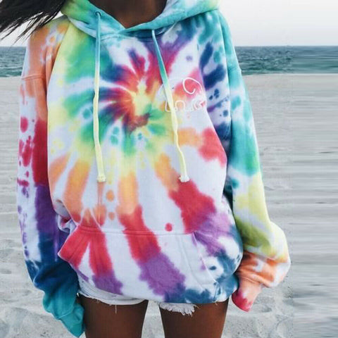 Plus Size Womens Tie Dye Hooded Sweatshirt Ladies Baggy Pullover Tops Autumn Long Sleeve Loose Drawstring Jumper Casual Hoodies
