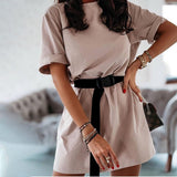 Women's Long Blouses With Belt Khaki Sport Short Sleeve Casual Female Tops 2020 Summer Fashion Streetwear Ladies Blouse