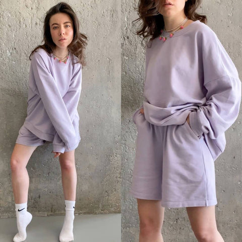 Womens Tracksuits 2 Piece Set Summmer Autumn Oversize Sweatshirt + Sporting Shorts Sweat Set Two Piece Outfit Solid Color Sets