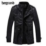 HEE GRAND 2017 New Men Fashion Solid Black Mandarin Collar PU Leather Jackets Slim Belt Slim Warm Overcoat MWP295