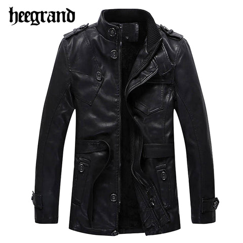 HEE GRAND 2017 New Men Fashion Solid Black Mandarin Collar PU Leather Jackets Slim Belt Slim Warm Overcoat MWP295