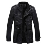 HEE GRAND 2017 New Men Fashion Solid Black Mandarin Collar PU Leather Jackets Slim Belt Slim Warm Overcoat MWP295