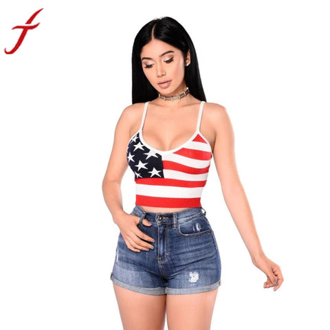 Summer American Flag Printed Camis Women Lady Striped Vest Sleeveless Mini Strapless O-Neck Tops Undershirt Casual Tank Camis
