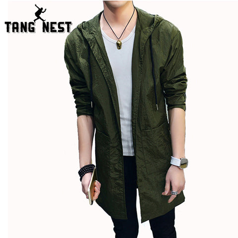 TANGNEST Fashion Trench Coat 2018 Summer Long Hooded Windbreaker Casual Slim Coat Male 4 Classic Colors Asian Size XXL MWF290